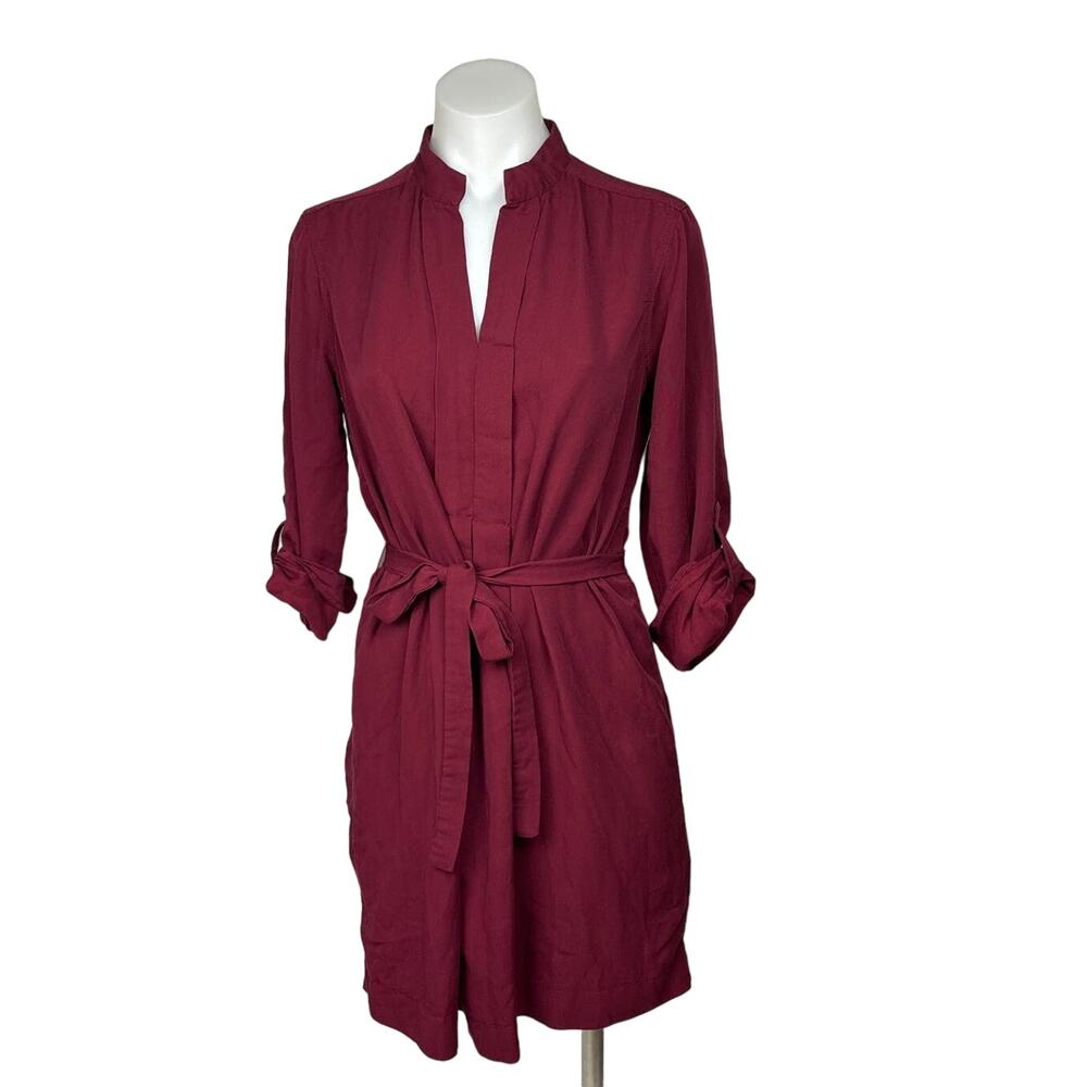 Studio M Red Half Sleeve Tie Belt Mandarin Monk Collar Shirt Knee Length Dress S